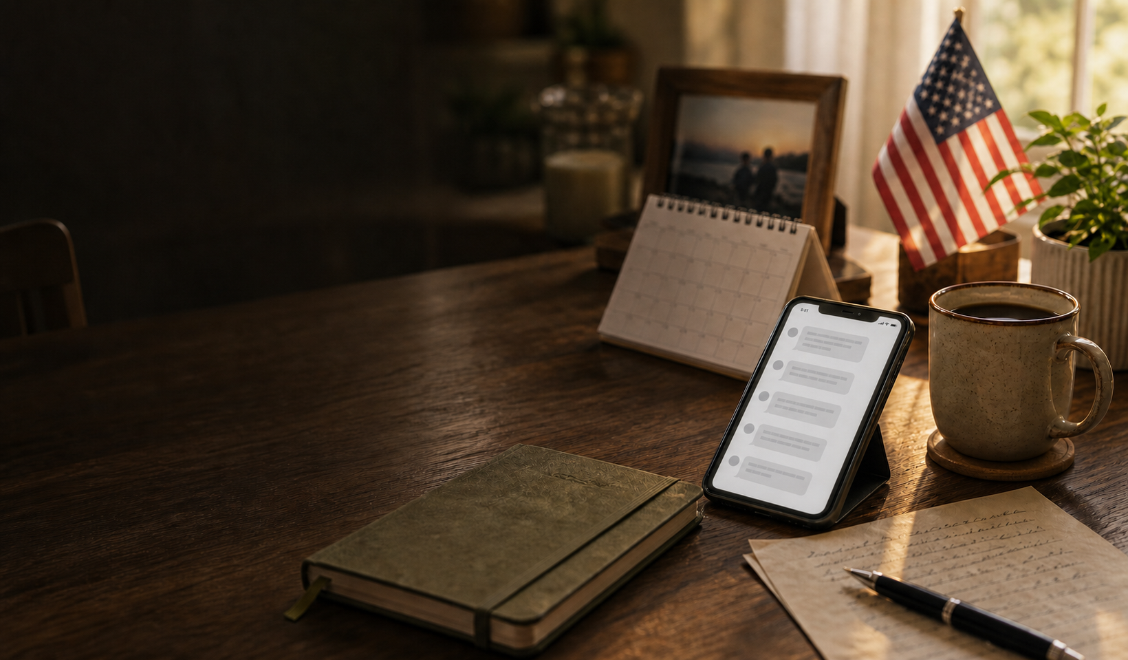 Phone showing a one-way boot camp daily briefing beside a calendar, letter, and small American flag